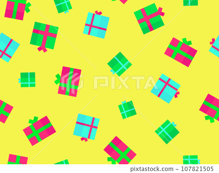 Christmas gift boxes seamless pattern. Green and red gift boxes with bows on a yellow background. Christmas presents design for greeting cards, banners and promotional materials. Vector illustration 107821505