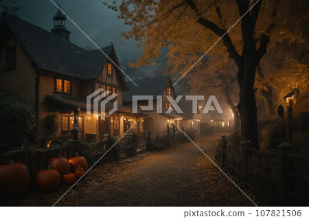 Scary Halloween village illustration  107821506