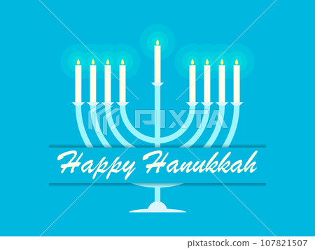 Happy Hanukkah. A menorah with nine candles is a symbol of the Jewish holiday. Lighted Chanukah candles with glow. Design of greeting cards, banners and promotional products. Vector illustration 107821507