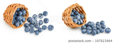 blueberry in wicker basket isolated on white background. Top view. Flat lay. 107821664