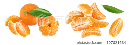 Tangerine or clementine with green leaf isolated on white background with full depth of field. Top view. Flat lay Tangerine or clementine with green leaf isolated on white background with full depth of field. Top view. Flat lay 107821684