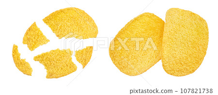 Potato chips isolated on white background with full depth of field. Top view. Flat lay. Potato chips isolated on white background with full depth of field. Top view. Flat lay. 107821738