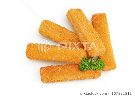 Fish finger or stick with parsley isolated on white background. Top view. Flat lay. Fish finger or stick with parsley isolated on white background. Top view. Flat lay. 107821811