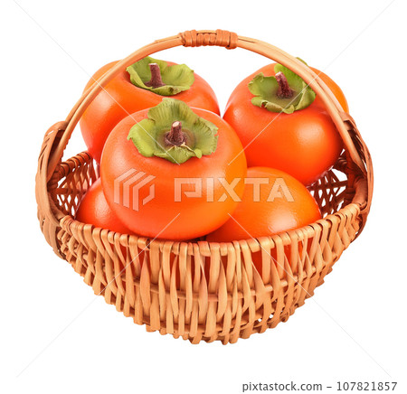 Persimmon fruit in wicker basket isolated on white background with full depth of field Persimmon fruit in wicker basket isolated on white background with full depth of field 107821857