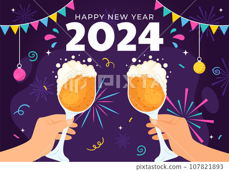 Happy New Year 2024 Celebration Vector Illustration with Trumpet, Fireworks, Ribbons and Confetti in Holiday National Flat Cartoon Background 107821893