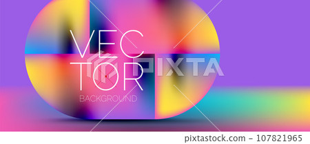 Sleek podium with abstract composition of squares, circles, and triangles, adorned with vibrant fluid gradients for wallpaper, banner, background, landing page, wall art, invitation, print, poster 107821965