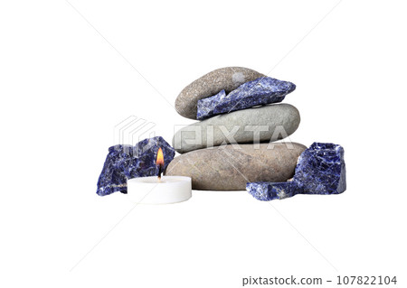 PNG, sodalite mineral with candle, isolated on white background. 107822104