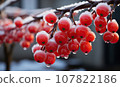 Frozen red berries on a branch, on a blurred background. 107822186