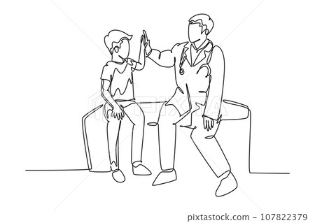 Single continuous line drawing young happy male doctor checking up sick patient boy and give high five gesture. Medical healthcare service treatment. One line draw graphic design vector illustration Single continuous line drawing young happy male doctor checking up sick patient boy and give high five gesture. Medical healthcare service treatment. One line draw graphic design vector illustration 107822379