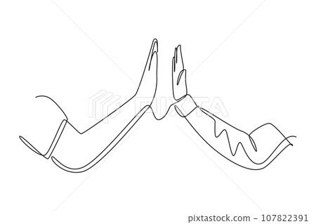Single one line drawing two men giving high fives gesture hands wearing office clothes to celebrate success. Business teamwork concept. Modern continuous line draw design graphic vector illustration Single one line drawing two men giving high fives gesture hands wearing office clothes to celebrate success. Business teamwork concept. Modern continuous line draw design graphic vector illustration 107822391