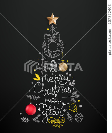 Hand drawn Christmas tree with 3d elements. Vector illustration 107822408