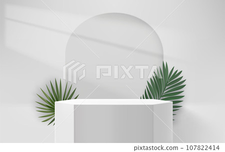 Bright room with portal, podiums and green leaves. Product showcase template. 3d vector background 107822414
