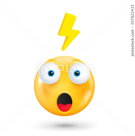 Yellow cute emoji face with thunderbolt. Brainstorm concept. 3d vector illustration 107822415
