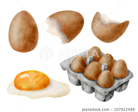 Watercolor eggs set. Hand drawn brown egg, yolk and glair, eggshell and egg packaging box isolated on white background. Cooking natural organic eco ingredient. Healthy fresh farm food illustration. Watercolor eggs set. Hand drawn brown egg, yolk and glair, eggshell and egg packaging box isolated on white background. Cooking natural organic eco ingredient. Healthy fresh farm food illustration. 107822488
