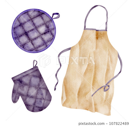 Watercolor apron, oven mitts illustration. Hand drawn chef uniform, purple potholder isolated on white background. Protective kitchen wear sketch. Cooking utensil for logo, recipe book, culinary blog. 107822489