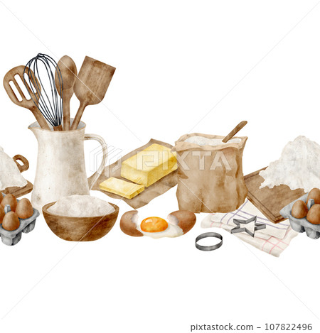 Watercolor baking ingredients seamless border. Pattern with cooking utensils in jug, flour bag, dough, eggs, butter, isolated on white. Kitchen tools illustration. Bakery background, Pastry tools. 107822496