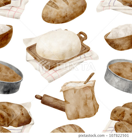 Watercolor bread seamless pattern. Hand drawn baking products background. Loaf of wheat bread, dough and pie pan isolated on white. Cooking design for cookbook, recipes, menu, blog, package. 107822501