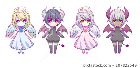 穿著天使和魔鬼服裝的兒童動漫風格人物變形全身插畫集 107822549