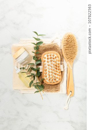 Top view photo of eco friendly personal care products on grey background Top view photo of eco friendly personal care products on grey background 107822563