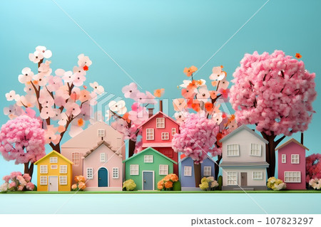 Colorful houses and cherry blossom cityscape (3D) Fun cityscape and town planning. 107823297