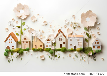 Colorful houses and cherry blossom cityscape (3D) Fun cityscape and town planning. 107823327