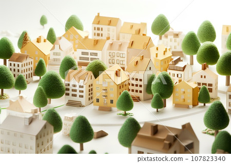 Colorful houses and cherry blossom cityscape (3D) Fun cityscape and town planning. 107823340