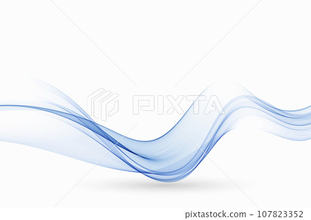 Wavy abstract flow of blue transparent lines on a white background. 107823352