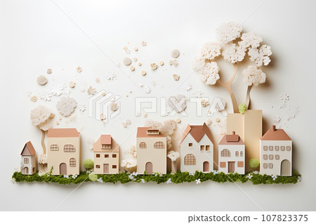Colorful houses and cherry blossom cityscape (3D) Fun cityscape and town planning. Colorful houses and cherry blossom cityscape (3D) Fun cityscape and town planning. 107823375