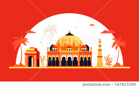Akshardham and Gateway of India in New Delhi - colored vector illustration 107823399