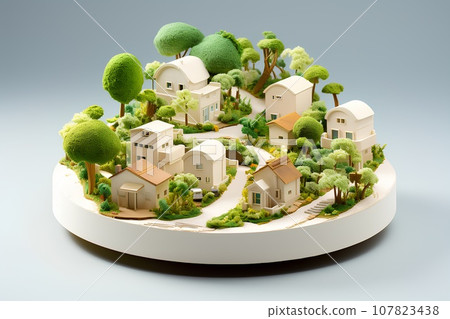 Spring landscape of white and beige private houses (3D) Fun cityscape and city development. 107823438