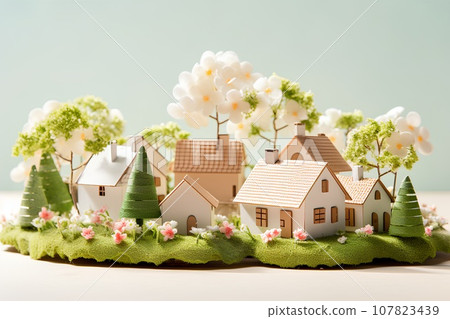 Spring landscape of white and beige private houses (3D) Fun cityscape and city development. 107823439