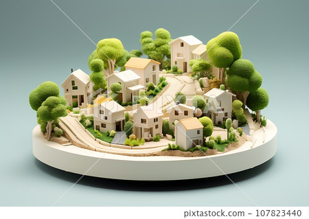 Spring landscape of white and beige private houses (3D) Fun cityscape and city development. 107823440