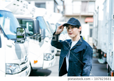 站在卡車前的年輕人 站在卡車前的年輕人 107823681