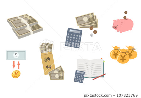 金錢材料套票據與存錢罐 金錢材料套票據與存錢罐 107823769