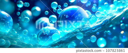 Blue water splashes and bubbles [AI generated image] 107823861