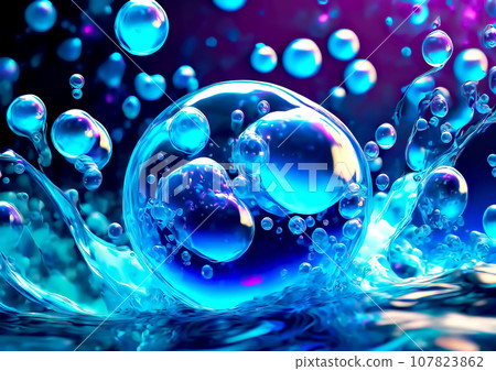 Blue water splashes and bubbles [AI generated image] 107823862
