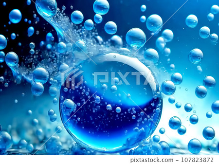 Blue water splashes and bubbles [AI generated image] 107823872