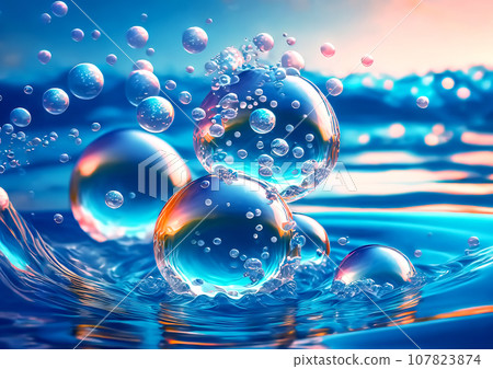 Blue water splashes and bubbles [AI generated image] 107823874