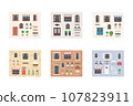 Collection of elements for house builders. Set includes doors, windows, lanterns, plants, signs 107823911
