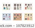 Set of elements for house builders. Collection includes doors, windows, lanterns, plants, signs 107823912