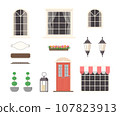 Create your own home. Constructor of house elements from red door, windows, lanterns, plants 107823913