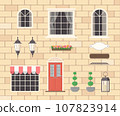 Constructor of house elements from red door, windows, lanterns, plant 107823914