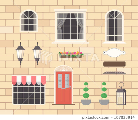 Constructor of house elements from red door, windows, lanterns, plant 107823914