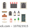 Create your own home. Constructor of house elements from dark door, windows, lanterns 107823915