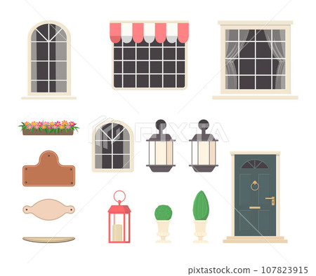 Create your own home. Constructor of house elements from dark door, windows, lanterns 107823915