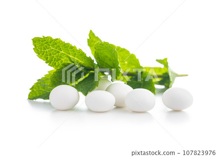 Mint candies. Menthol bonbons and mint leaves isolated on white background. 107823976