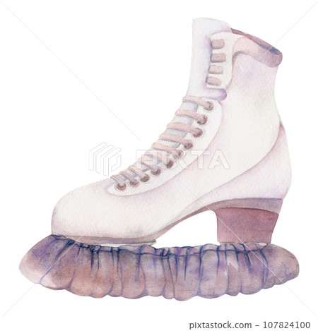 Hand drawn watercolor figure skating boots, guards and soakers, winter sports footwear. Illustration isolated object, white background. Design poster, print, website, card, invitation, shop brochure 107824100