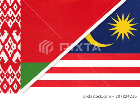 Belarus and Malaysia, symbol of country. Belarusian vs Malaysian national flags. Belarus and Malaysia, symbol of country. Belarusian vs Malaysian national flags. 107824210