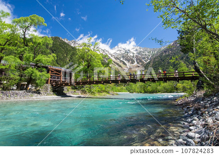 [長野縣、上高地]穗高山脈新綠的河童橋與殘雪 107824283
