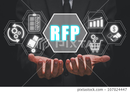 RFP, Request for proposal concept, Businessman hand holding request for proposal icon on virtual screen. 107824447